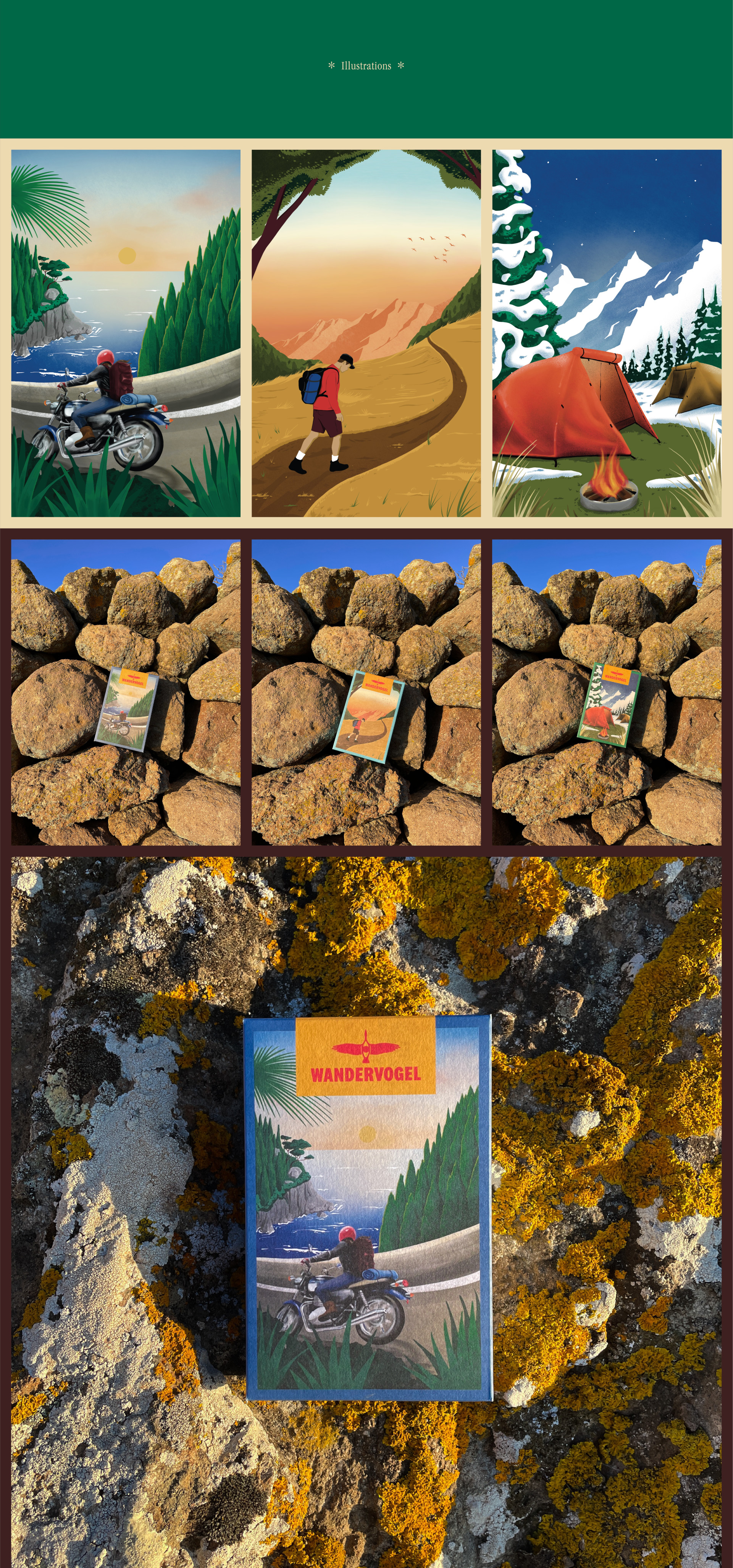 Product photos and mockups showing the illustrations and designs for the Wanderwogel.