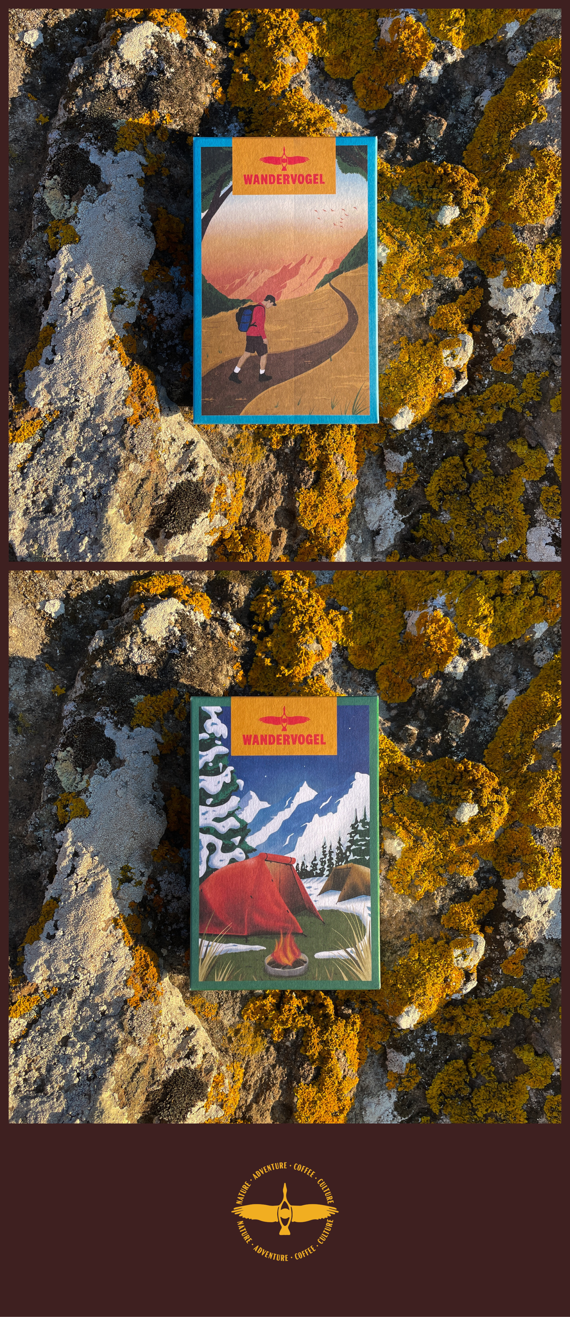 Product photos and mockups showing the illustrations and designs for the Wanderwogel.